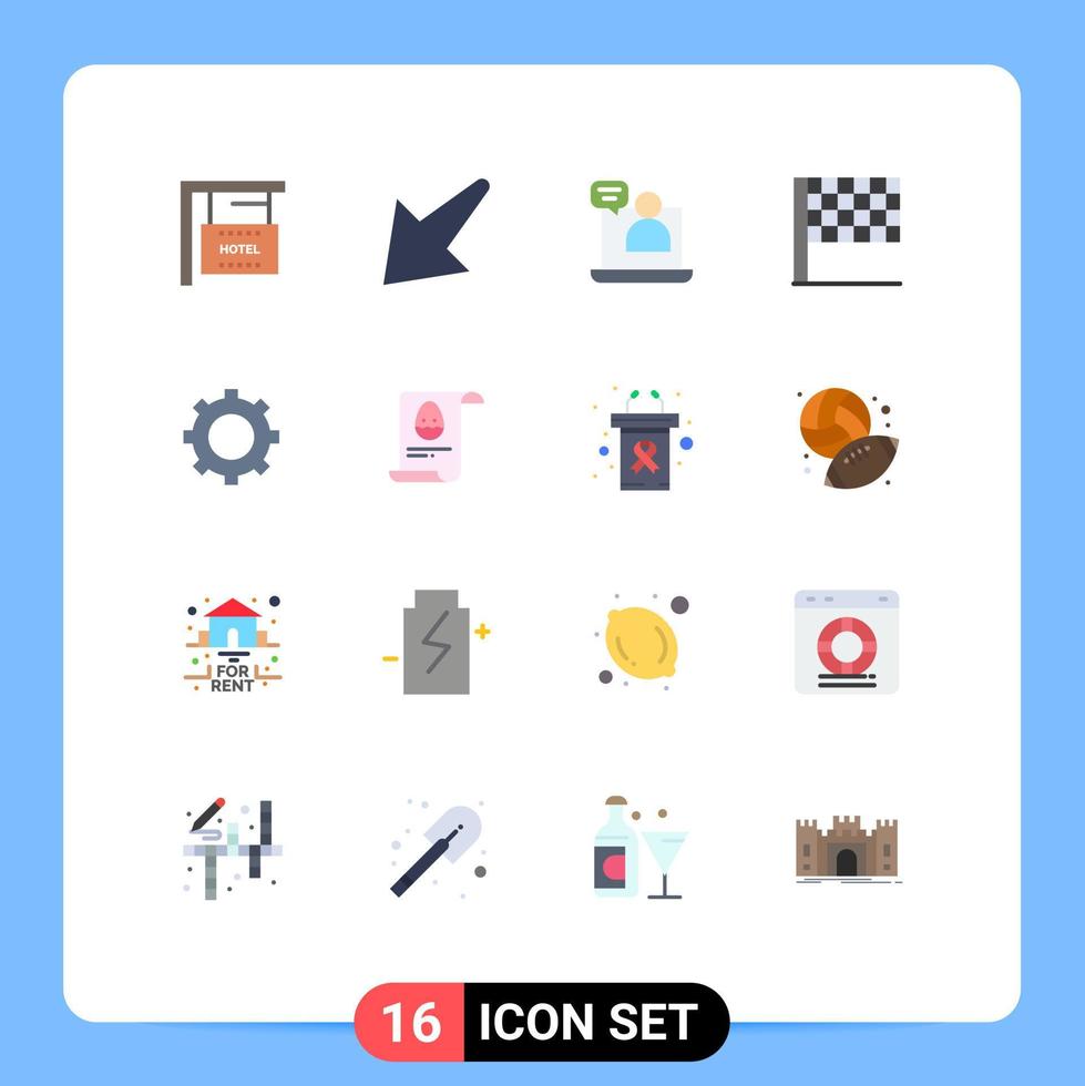Pack of 16 Modern Flat Colors Signs and Symbols for Web Print Media such as data gear chat setting sports Editable Pack of Creative Vector Design Elements
