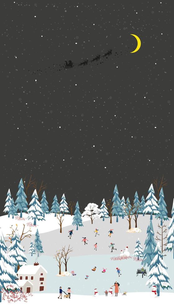 escena invernal con niños nevados jugando en el parque en un pequeño pueblo, paisaje de bosque de las maravillas de dibujos animados vectoriales en la noche de Navidad, tarjeta de saludo vertical o pancarta para Navidad o año nuevo 2023 vector