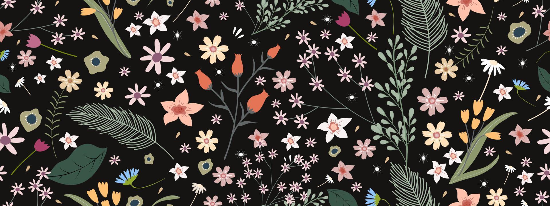 patrón de flora sin costuras.floración floral infinita y linda vectorial sobre fondo negro, motivos de verano y primavera con diferentes flores silvestres en el campo, amplio telón de fondo para la moda de moda, fondos de pantalla, impresión vector