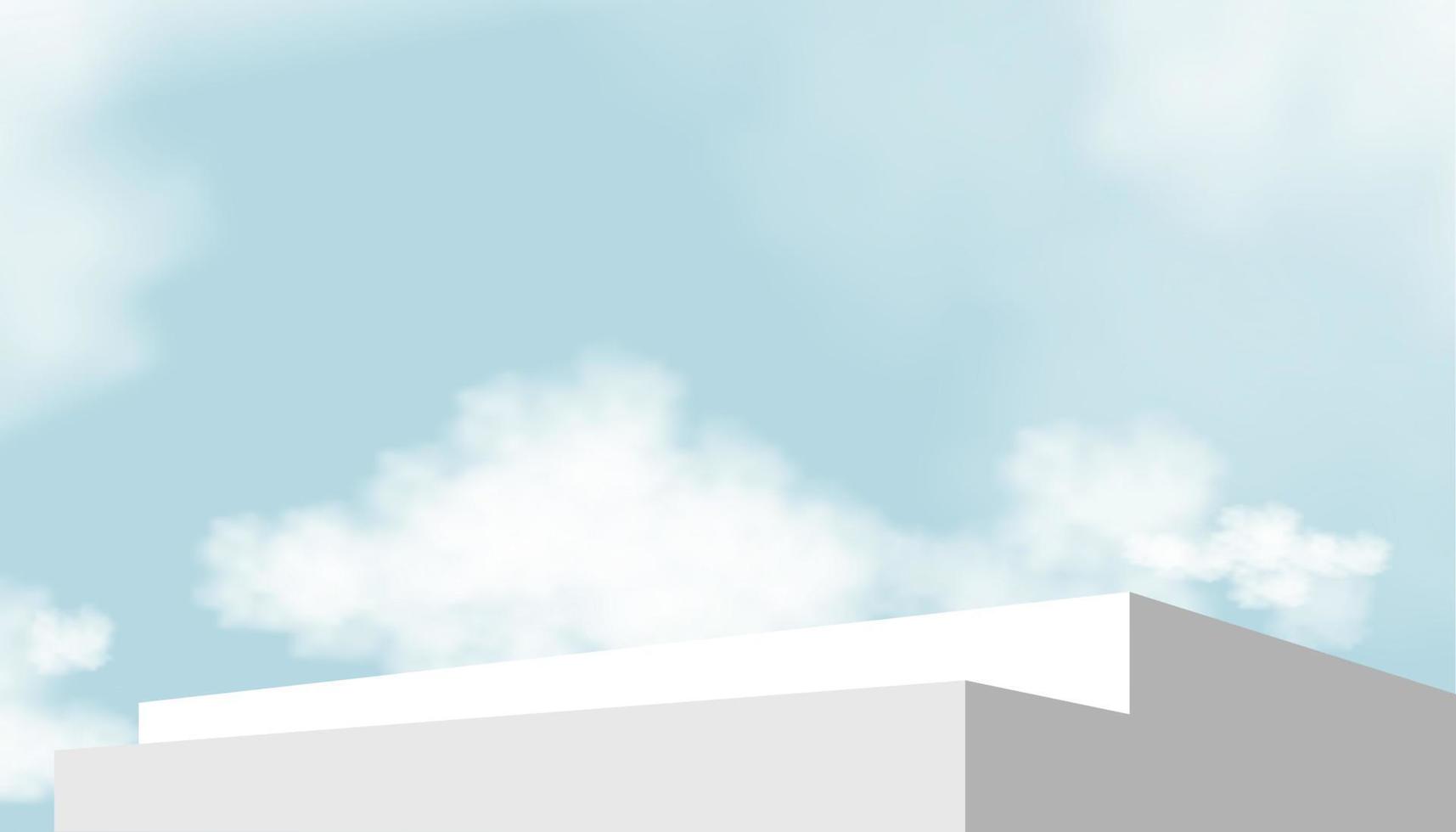 Paso de podio de pantalla 3d con plataforma geométrica sobre fondo de cielo azul, banner de horizonte vectorial con escaparate de escenario, maqueta de escalera en nube de verano, escena de diseño con soporte para primavera, cosmética de verano vector