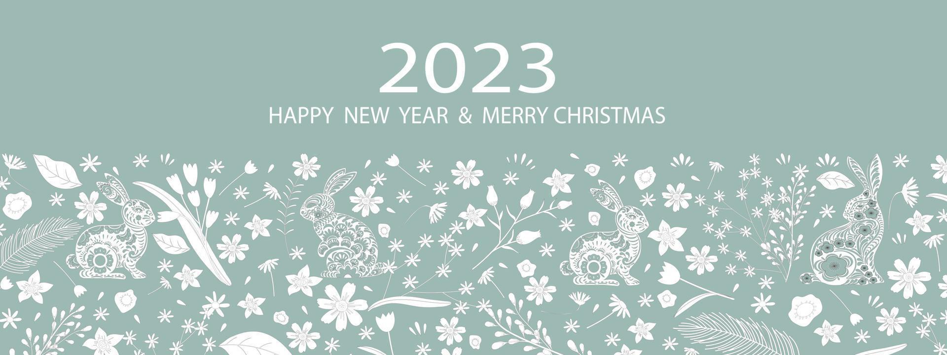 2023 feliz año nuevo y alegre pancarta navideña, hermosa tarjeta de saludo vectorial o telón de fondo de conejos cortados en papel con lindas flores de primavera y otros elementos sobre fondo verde. vector