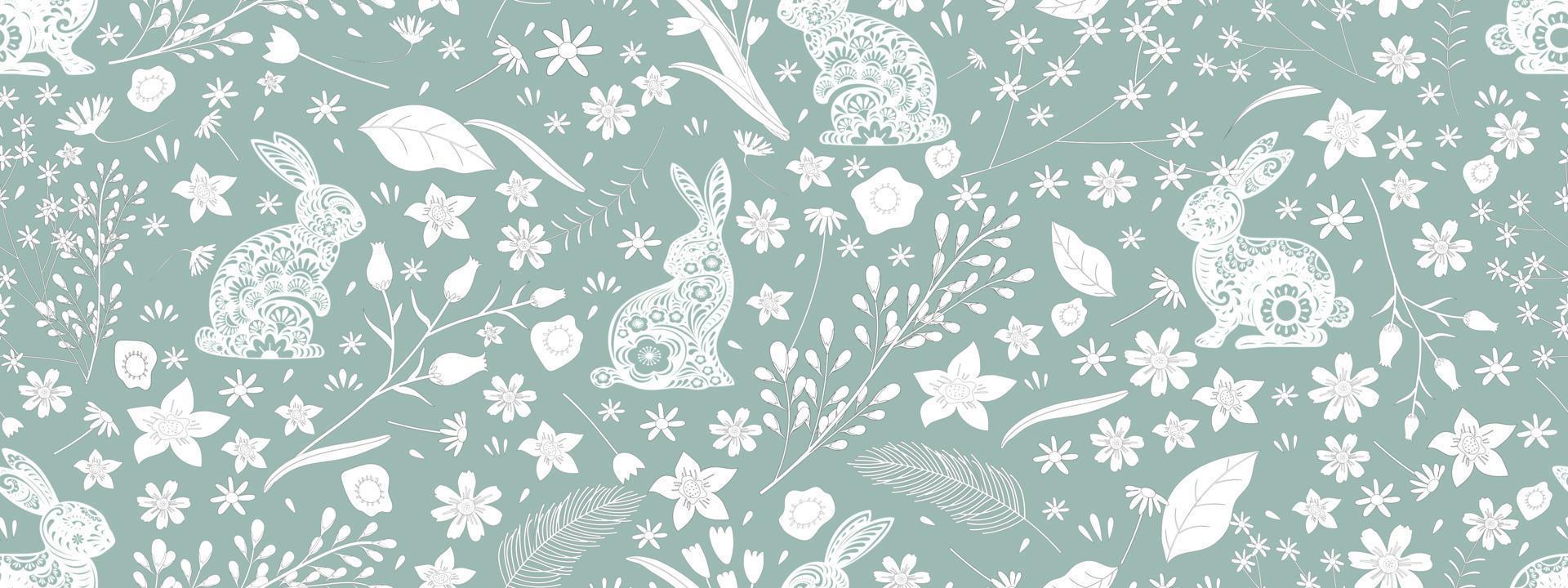 Seamless Rabbit Paper Cut with Doodle Flower,leave on Green Mint background,Vector Chinese New year Zodiac 2023 sign element, Fabric Pattern Easter Bunny with Floral fancy hare for Print Wrapping Pape vector