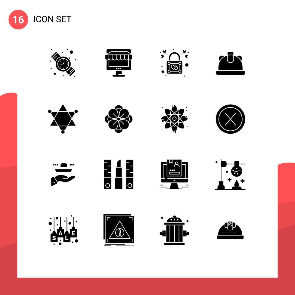Pack of 16 creative Solid Glyphs of space figure heart helmet building Editable Vector Design Elements