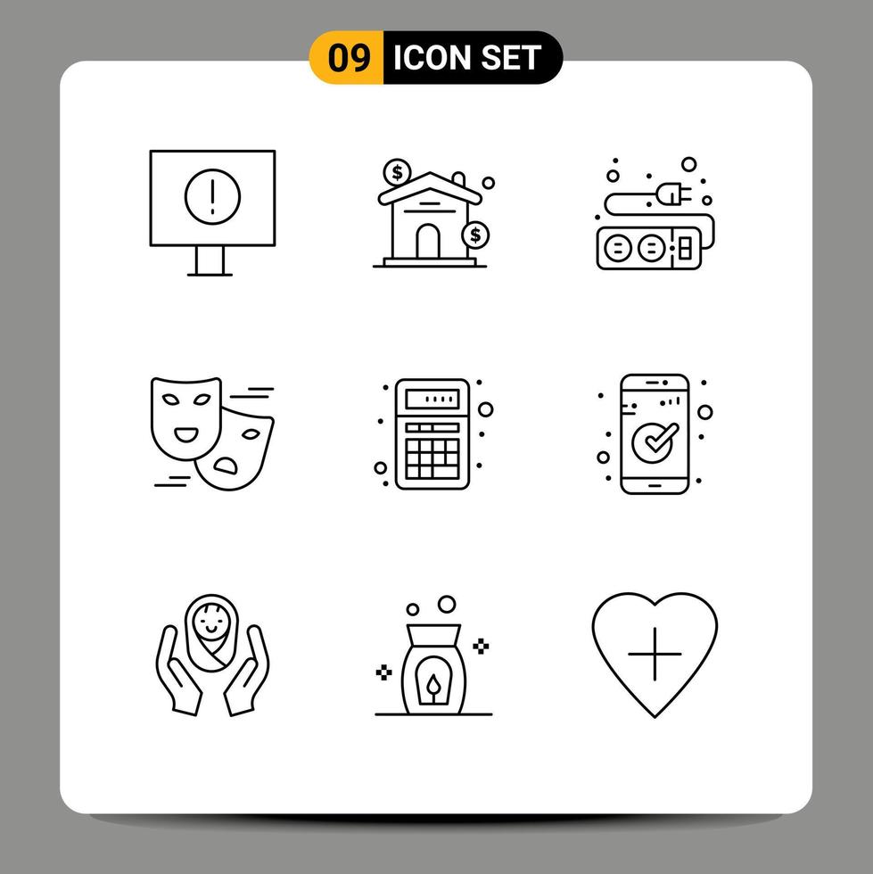 Modern Set of 9 Outlines and symbols such as apps add plug masks comedy Editable Vector Design Elements
