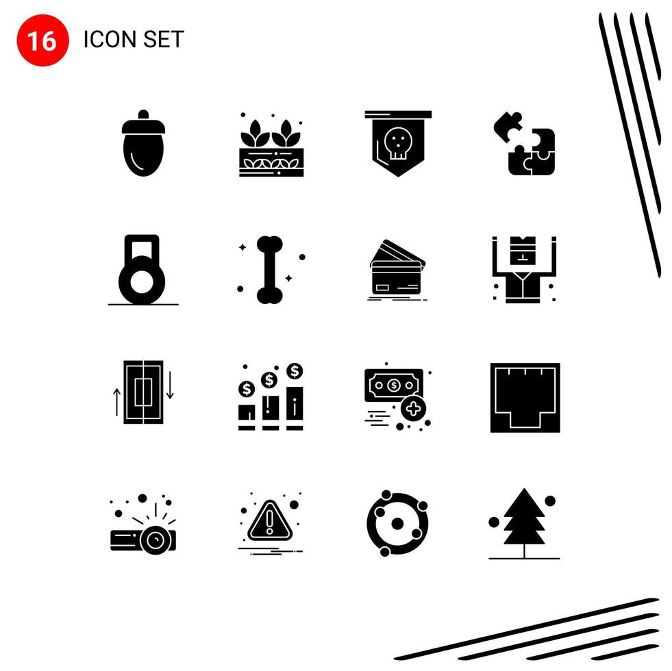 Set of 16 Commercial Solid Glyphs pack for dumbbell science plant puzzle skull Editable Vector Design Elements