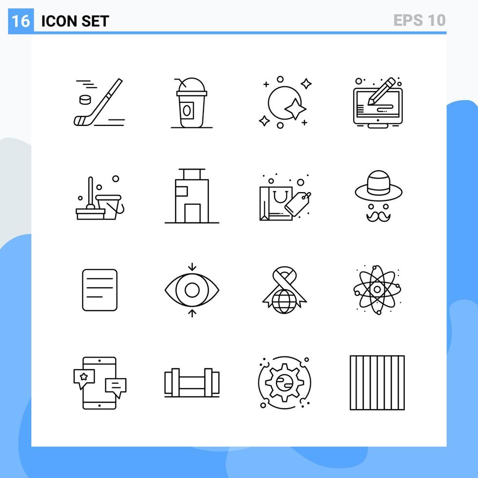 los iconos de estilo moderno de 16 líneas describen símbolos para uso general signo de icono de línea creativa aislado sobre fondo blanco paquete de 16 iconos vector