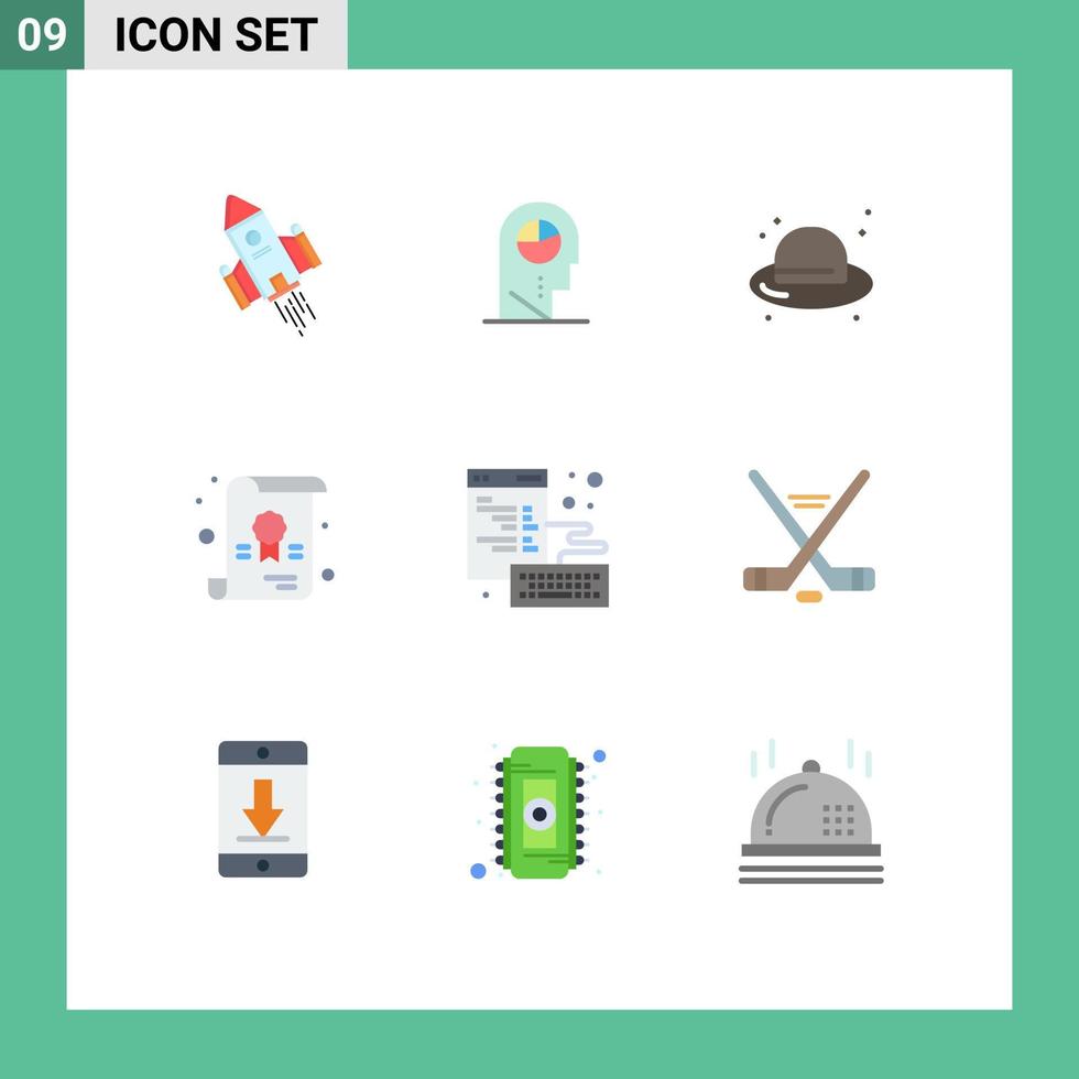 Pictogram Set of 9 Simple Flat Colors of coding school hat diploma straw hat Editable Vector Design Elements