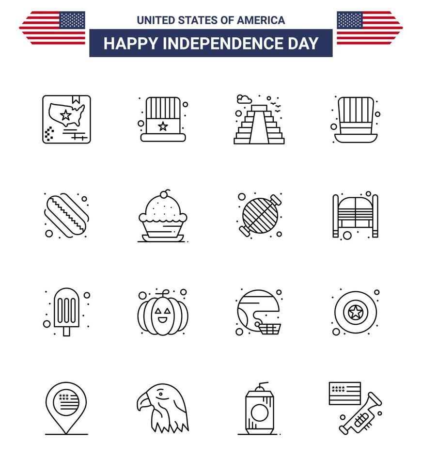 gran paquete de 16 estados unidos feliz día de la independencia líneas vectoriales de estados unidos y símbolos editables de hotdog usa elementos de diseño de vectores del día de los presidentes estadounidenses editables