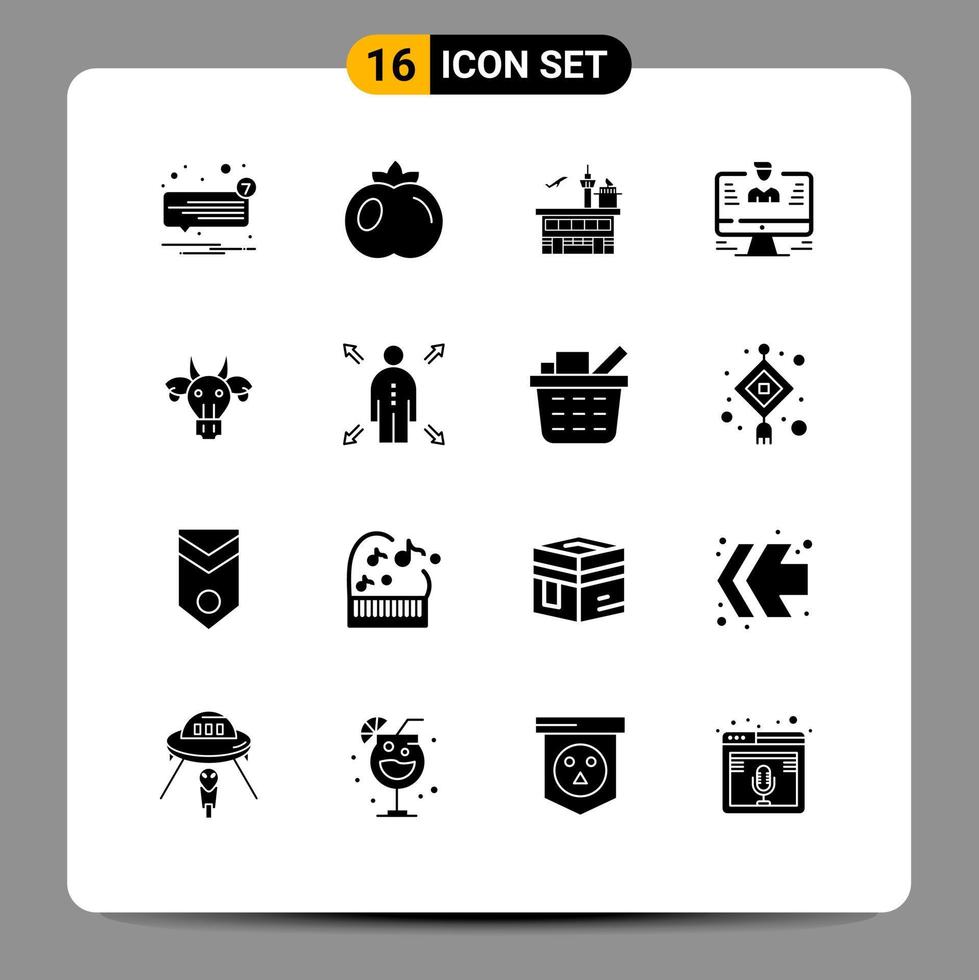 16 Thematic Vector Solid Glyphs and Editable Symbols of report computer airport user transport Editable Vector Design Elements