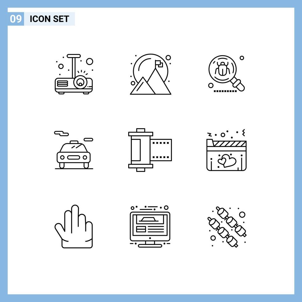 9 Universal Outlines Set for Web and Mobile Applications film transport antivirus electric search Editable Vector Design Elements