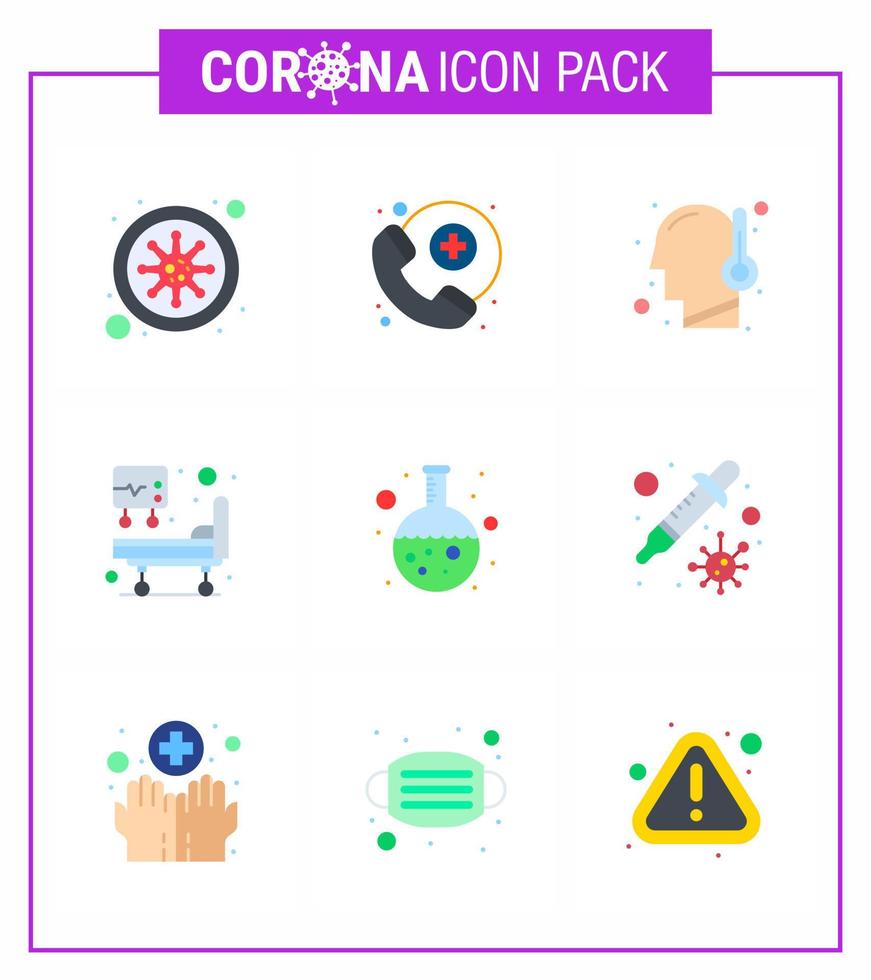 Coronavirus Prevention Set Icons 9 Flat Color icon such as research flask cold test icu viral coronavirus 2019nov disease Vector Design Elements