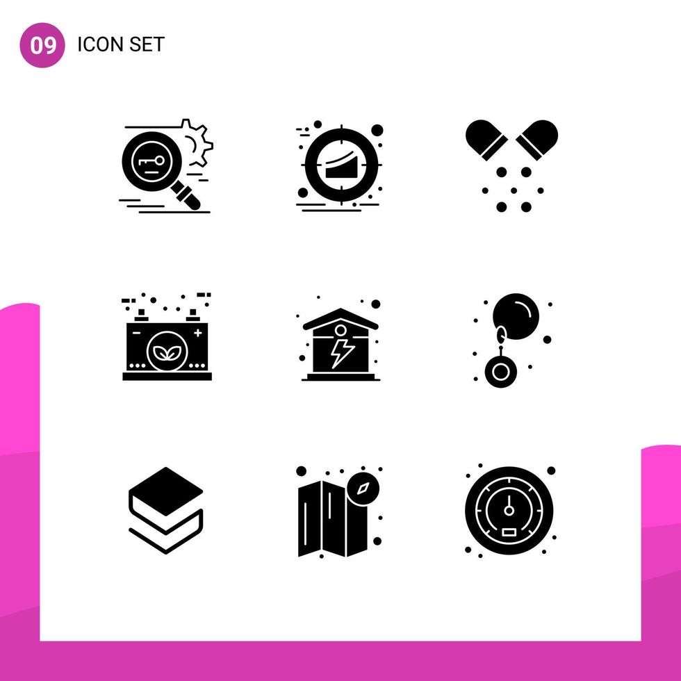 Pack of 9 Modern Solid Glyphs Signs and Symbols for Web Print Media such as power eco product battery medicine Editable Vector Design Elements