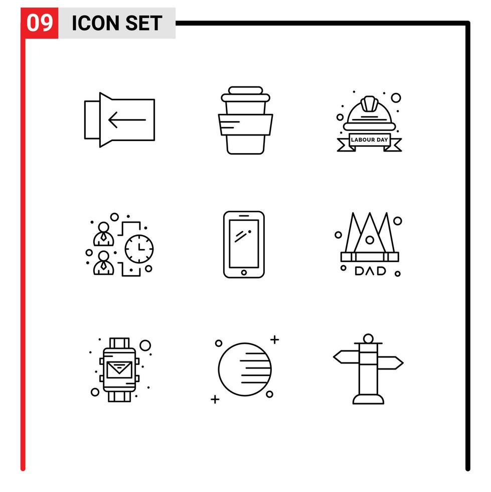 Set of 9 Vector Outlines on Grid for mobile phone hat work effectiveness Editable Vector Design Elements