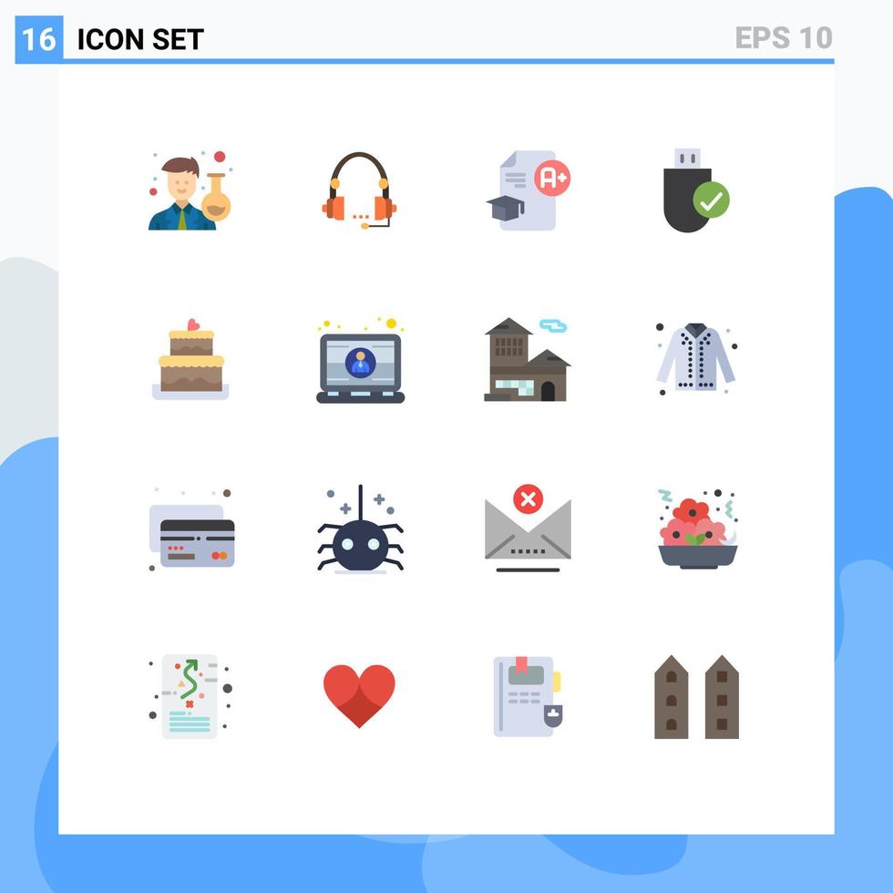 Group of 16 Modern Flat Colors Set for connected a headset graduation cap Editable Pack of Creative Vector Design Elements