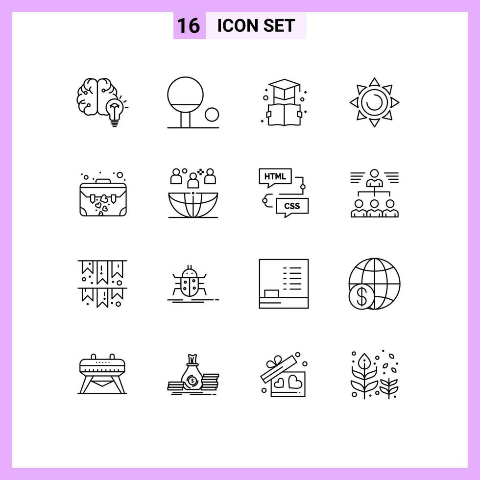 Stock Vector Icon Pack of 16 Line Signs and Symbols for suit case brief bookmark bag shinning Editable Vector Design Elements