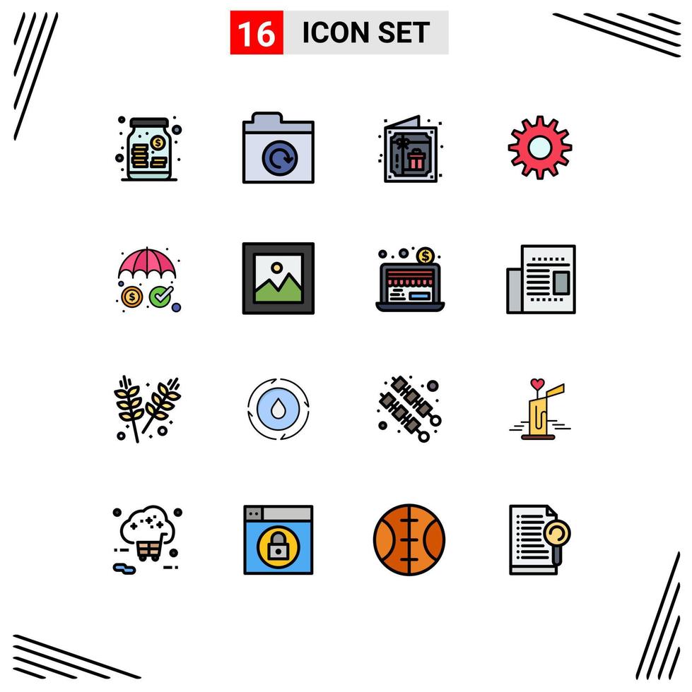 Universal Icon Symbols Group of 16 Modern Flat Color Filled Lines of protection money celebration insurance gear Editable Creative Vector Design Elements