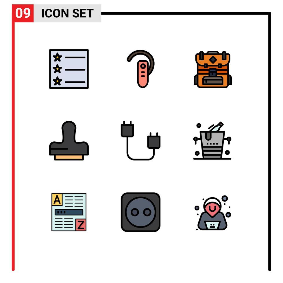 Group of 9 Filledline Flat Colors Signs and Symbols for hardware devices camping cord stamp Editable Vector Design Elements