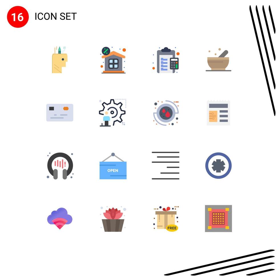 Pictogram Set of 16 Simple Flat Colors of money science calculate soup