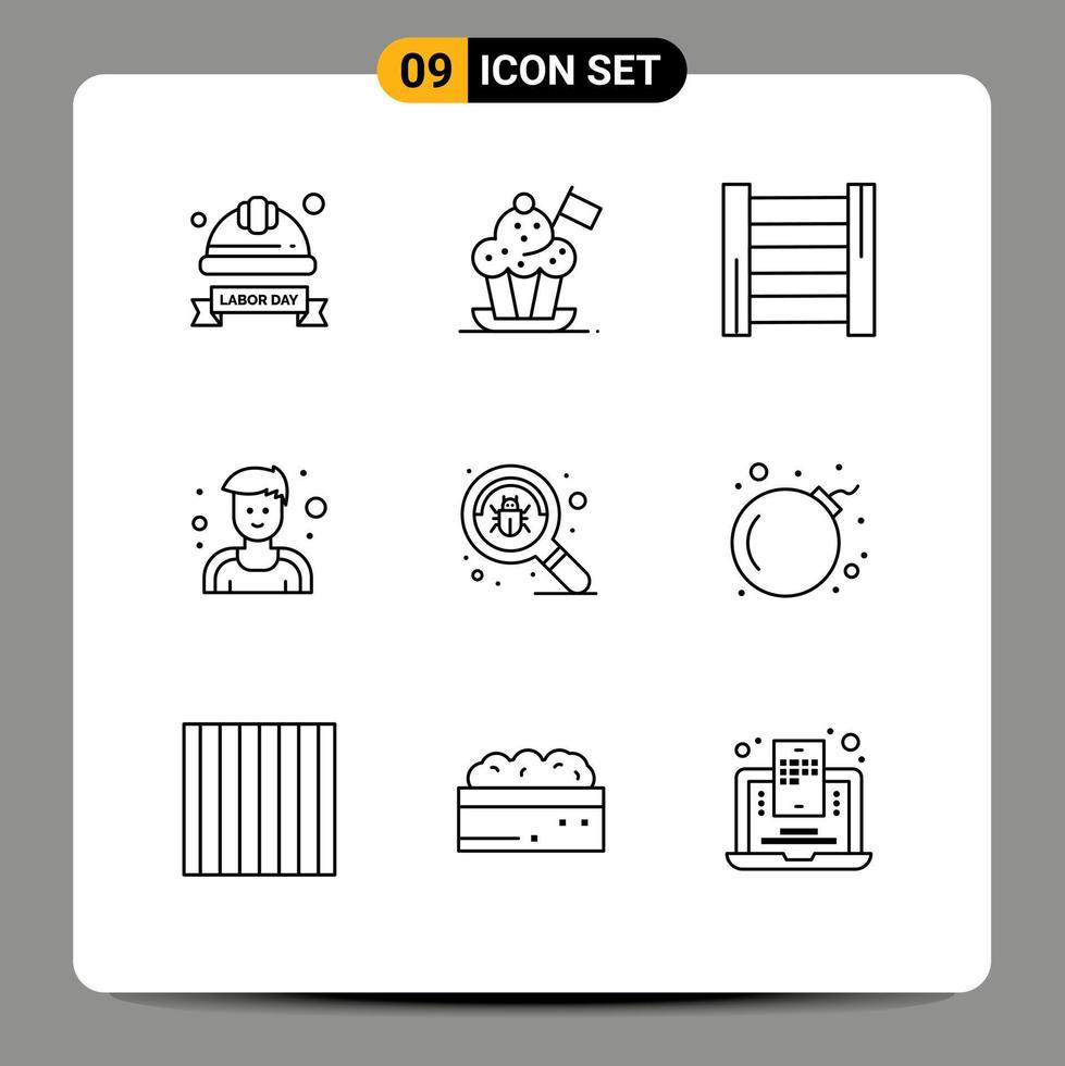 paquete de 9 signos y símbolos de contornos modernos para medios de impresión web como encontrar herramientas de hombre de sombrero de cocina de deportista elementos de diseño de vectores editables