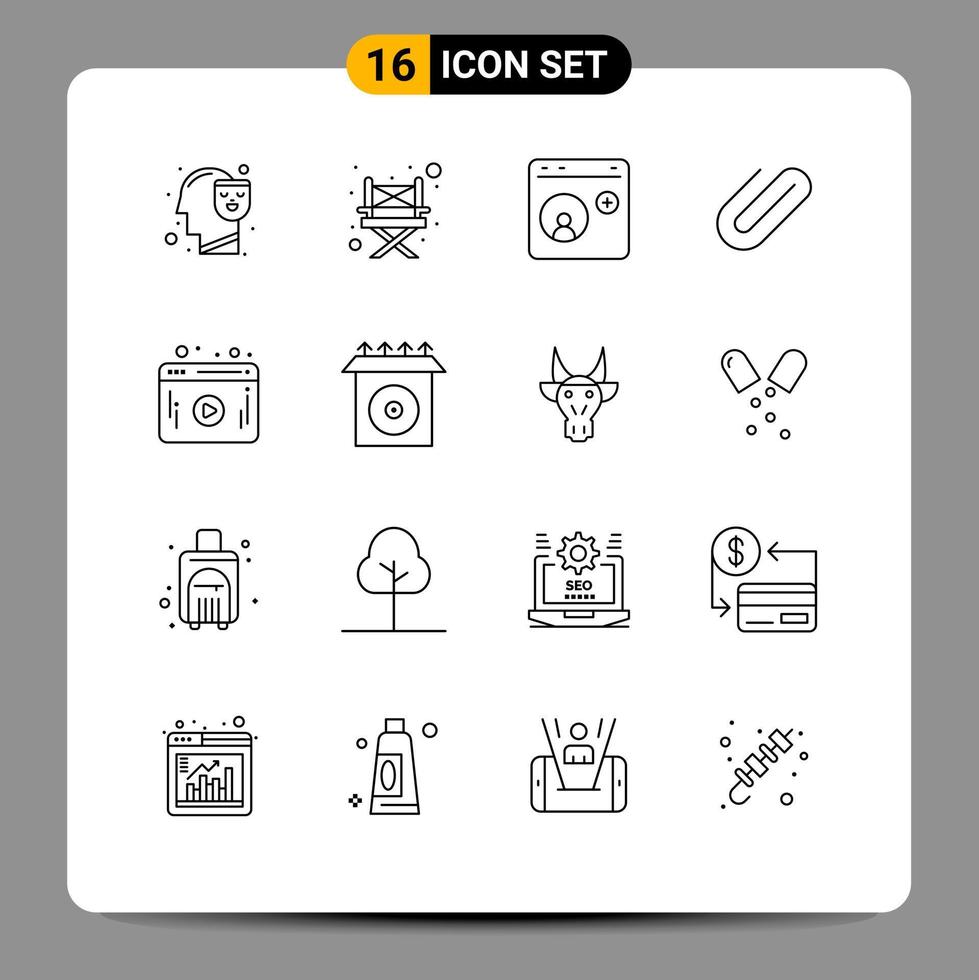 Outline Pack of 16 Universal Symbols of web add contact clip attachment Editable Vector Design Elements