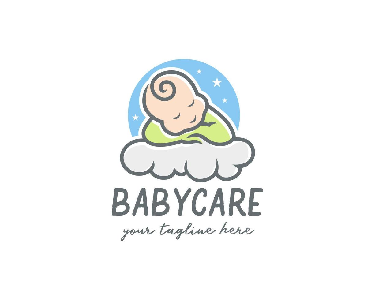 Little baby boy in green pajamas sleep peacefully on soft white cloud. baby care logo design template vector