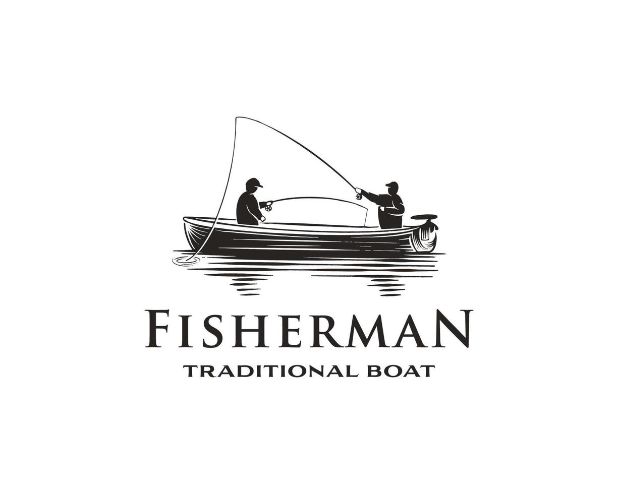 concepto de logotipo de pesca monocromo vintage con pescador en vector aislado de barco tradicional