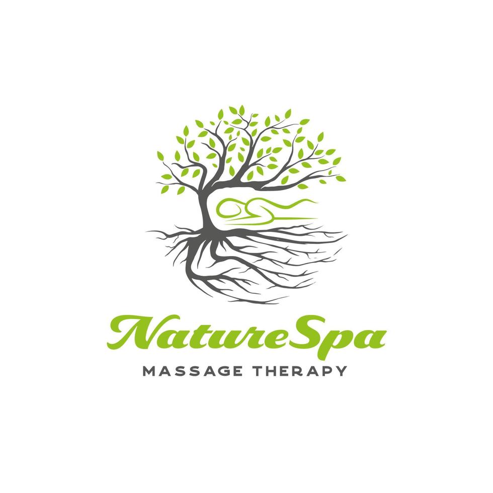 logotipo de terapia de masaje de spa natural. plantilla de diseño de logotipo de spa de árbol y raíces vector