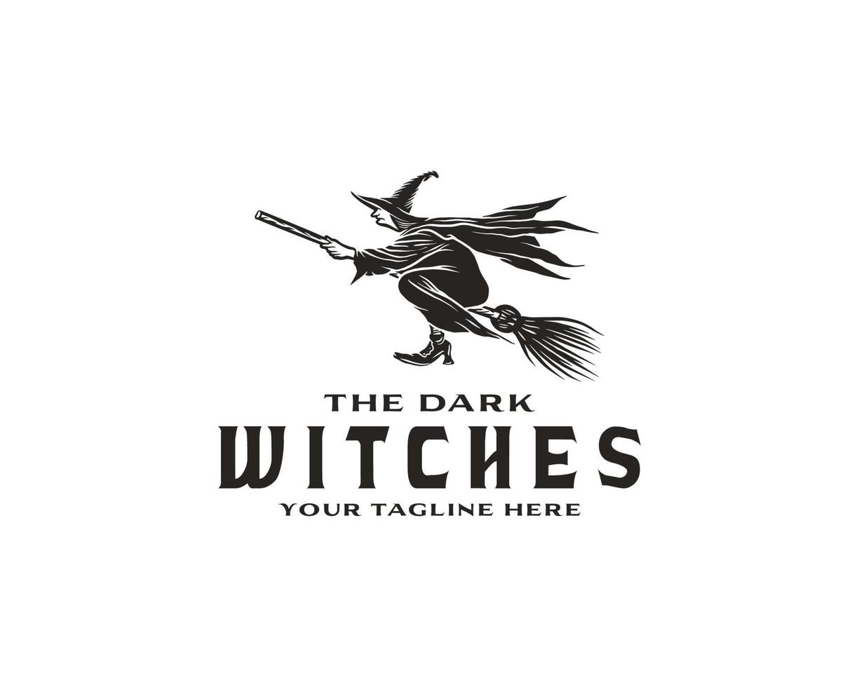 Halloween Logo or Label Template. Hand Drawn Old Witch Flying on the Broom Sketch Symbol and Retro Typography vector