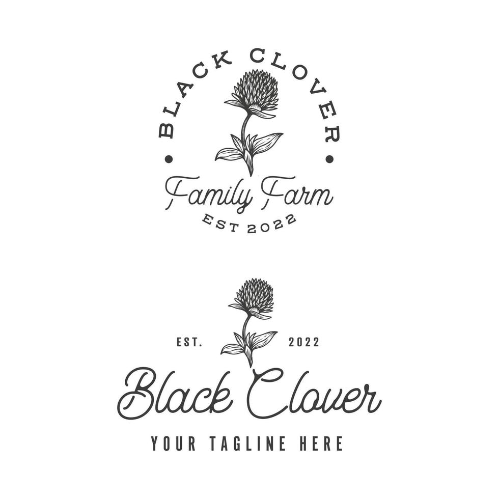 Vintage hand drawn black clover logo design template vector