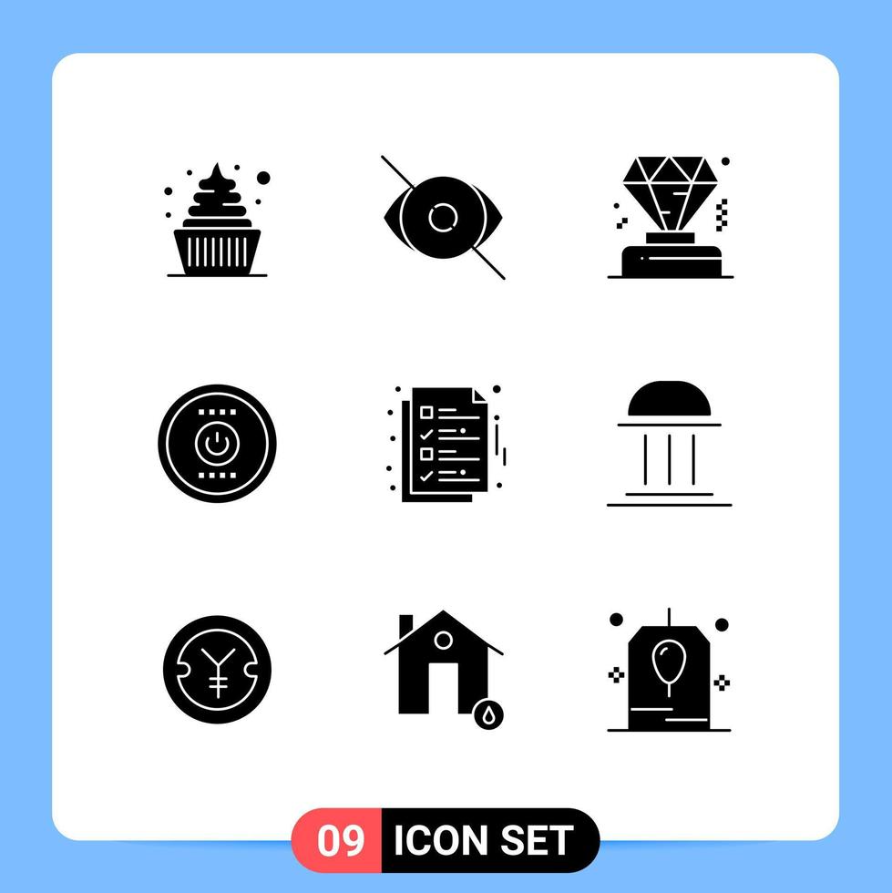 Pack of 9 Modern Solid Glyphs Signs and Symbols for Web Print Media such as document power human energy computing Editable Vector Design Elements