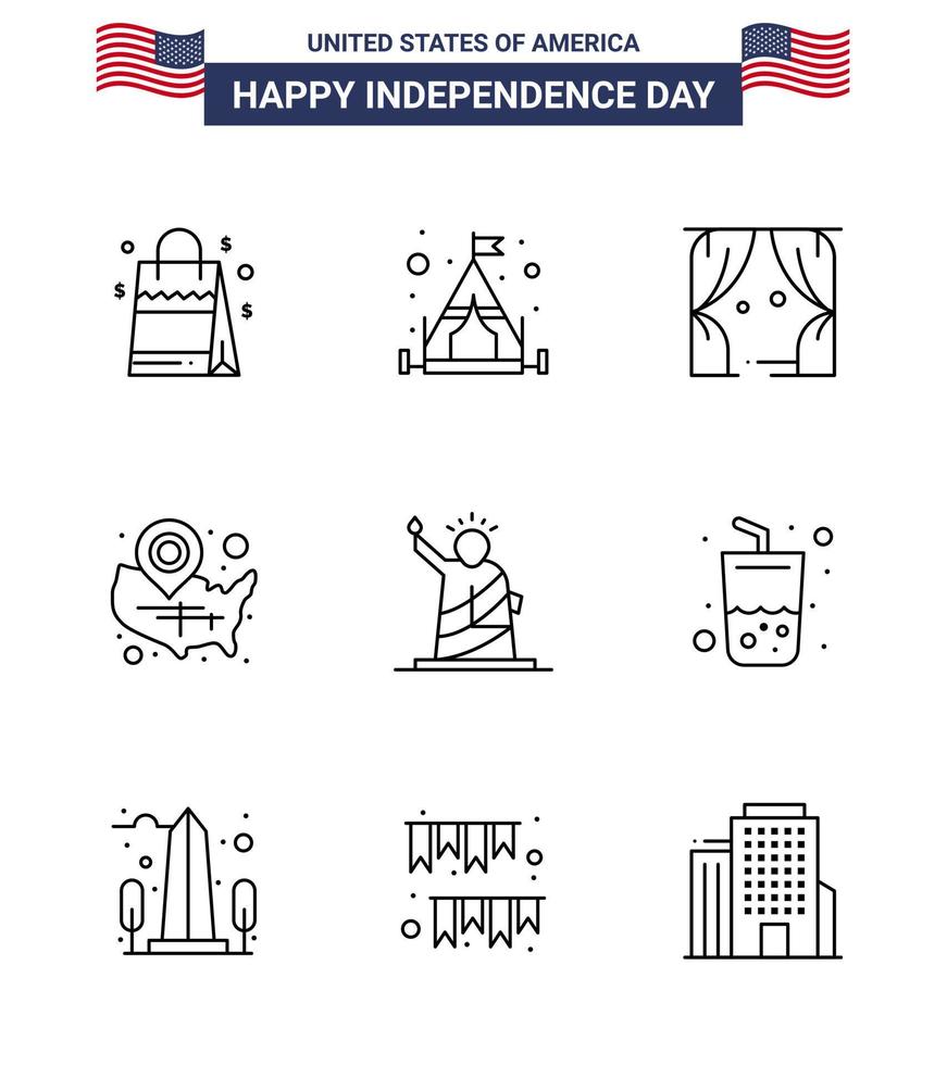 USA Independence Day Line Set of 9 USA Pictograms of liberty location pin leisure wisconsin states Editable USA Day Vector Design Elements
