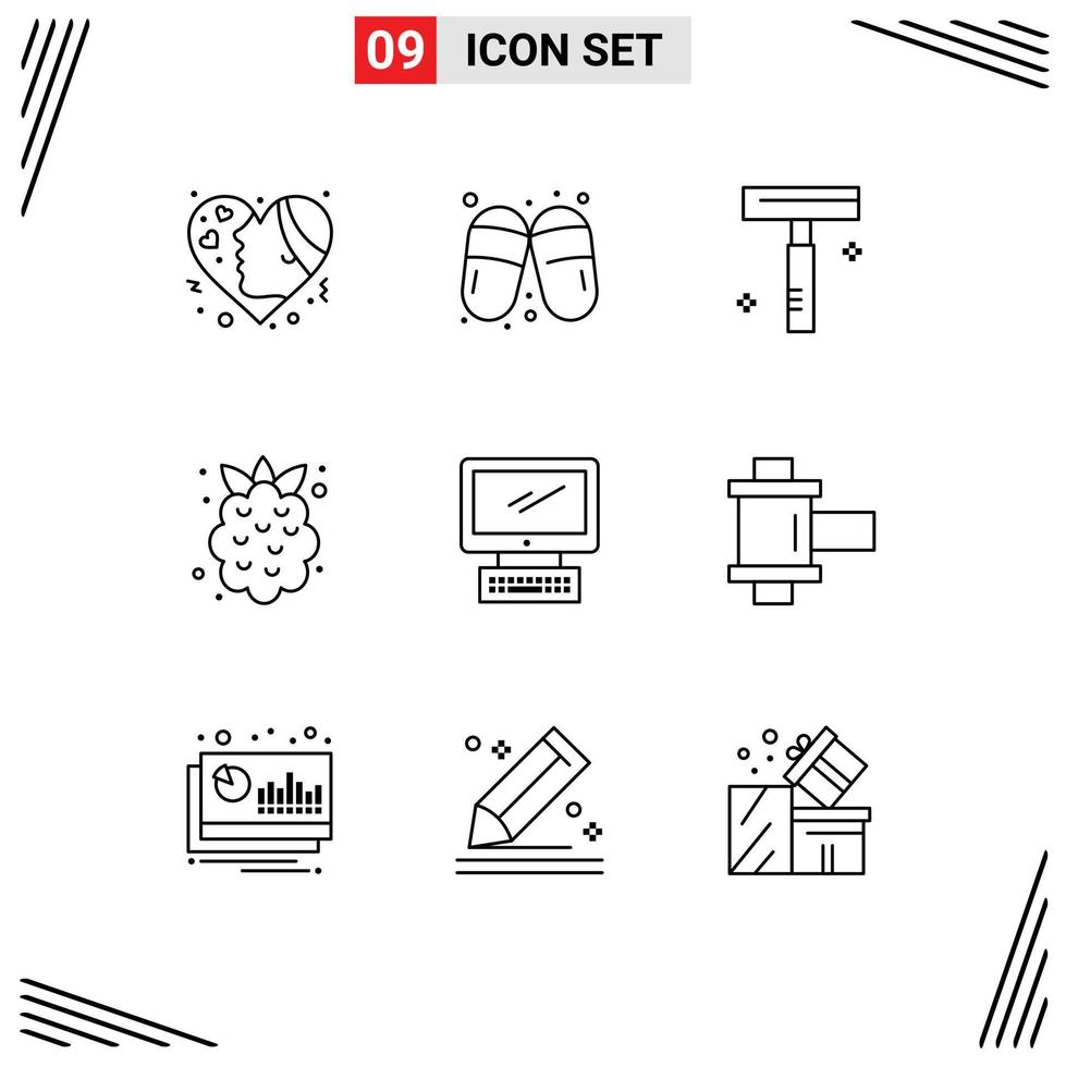 9 User Interface Outline Pack of modern Signs and Symbols of computer fruit slippers summer salon Editable Vector Design Elements