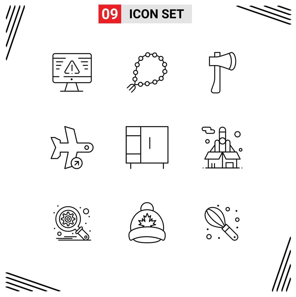 Pack of 9 Modern Outlines Signs and Symbols for Web Print Media such as plane flight muslim construction axe tool Editable Vector Design Elements
