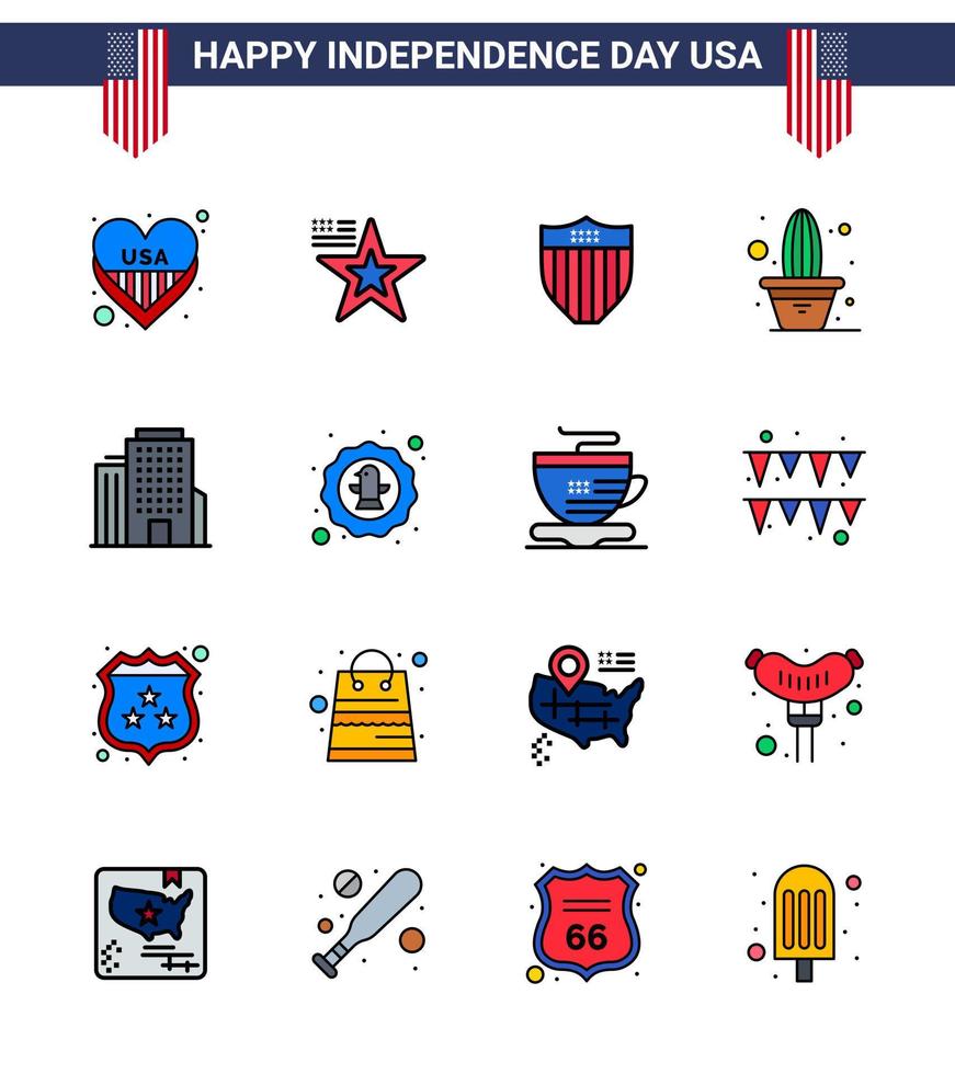 Modern Set of 16 Flat Filled Lines and symbols on USA Independence Day such as office pot american plant cactus Editable USA Day Vector Design Elements