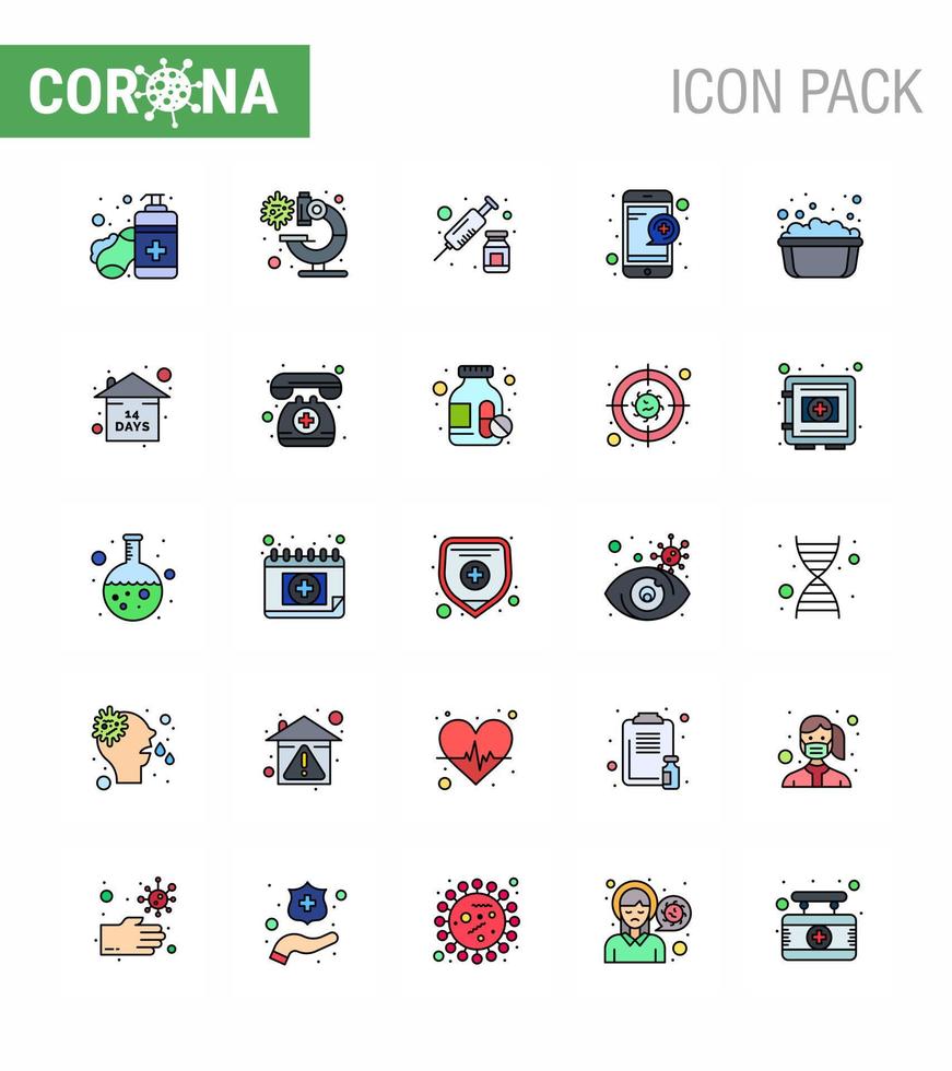 Corona virus 2019 and 2020 epidemic 25 Flat Color Filled Line icon pack such as hand washing service drugs question medical viral coronavirus 2019nov disease Vector Design Elements