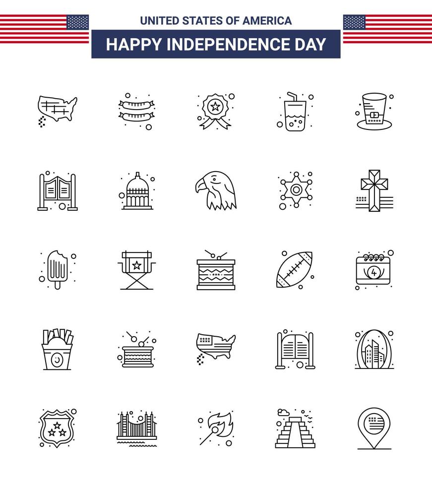 USA Happy Independence DayPictogram Set of 25 Simple Lines of presidents day investigating cola drink Editable USA Day Vector Design Elements