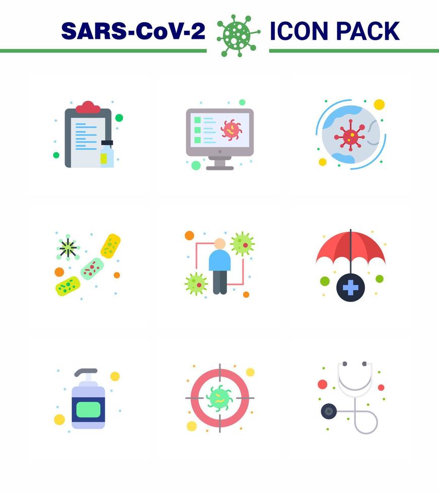 conjunto de iconos covid19 para el paquete infográfico de 9 colores planos, como la infección por el virus de la bacteria microbiana coronavirus coronavirus viral 2019nov elementos de diseño del vector de enfermedad