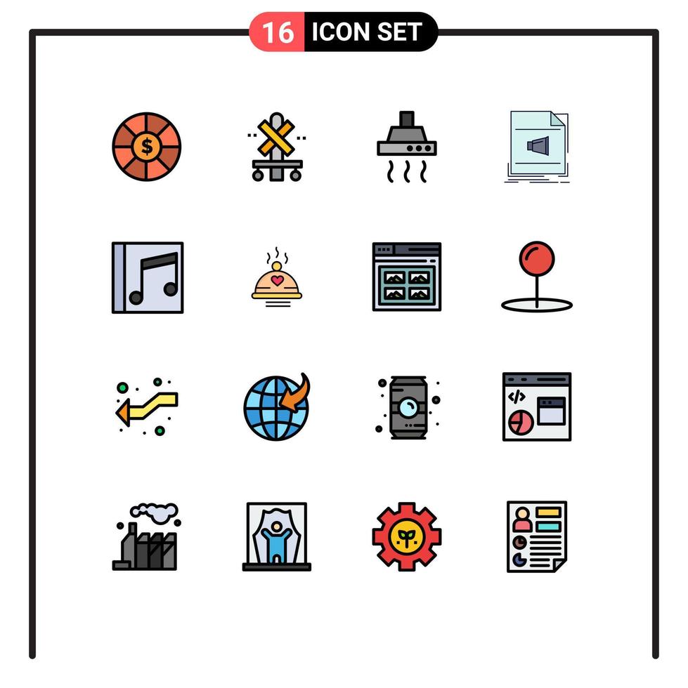 Group of 16 Flat Color Filled Lines Signs and Symbols for media sound food music file Editable Creative Vector Design Elements