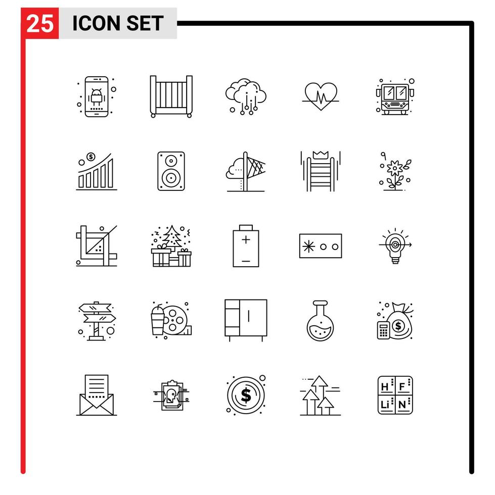 Set of 25 Commercial Lines pack for public transport bus cloud pulse heart Editable Vector Design Elements