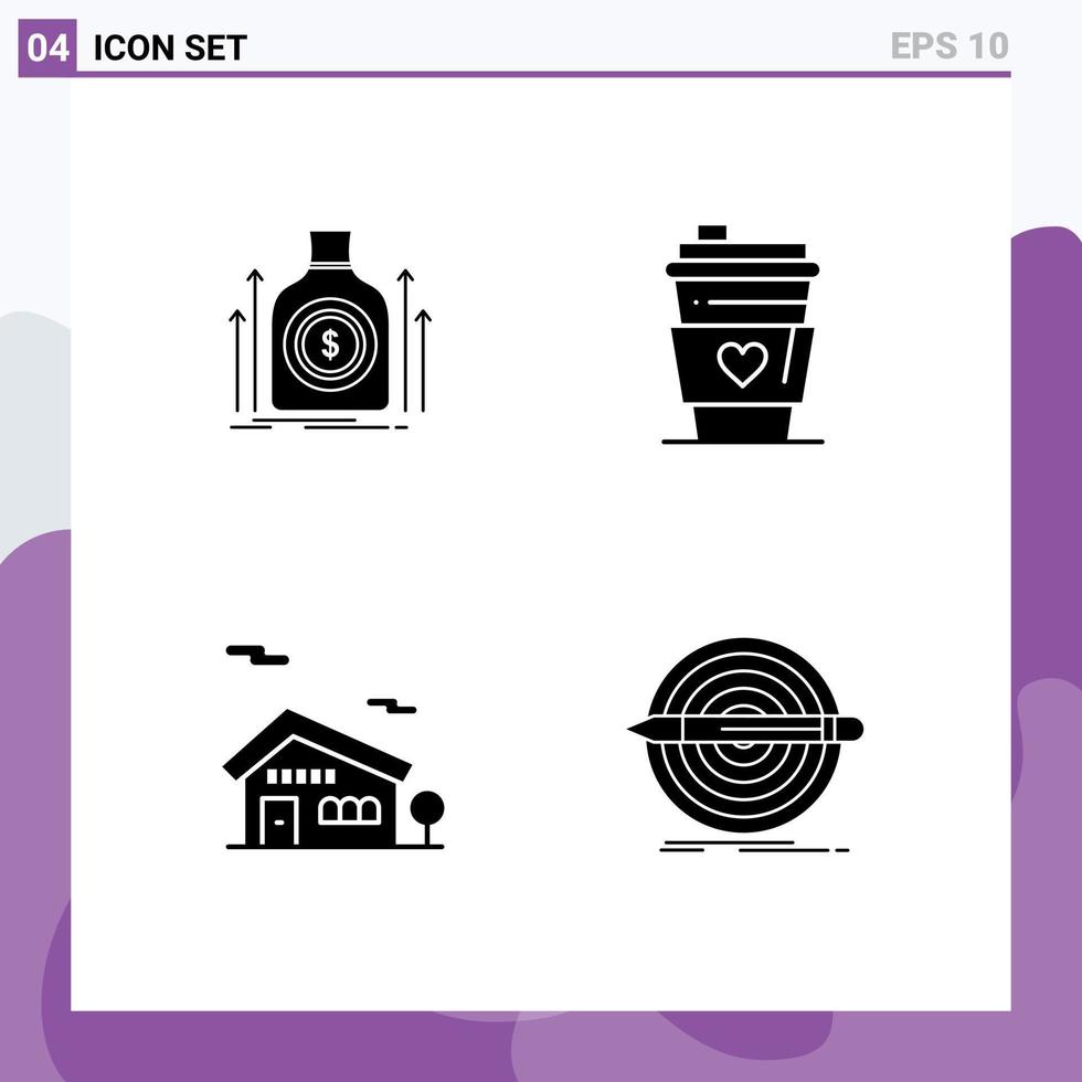 Group of 4 Solid Glyphs Signs and Symbols for bag building fund drink house Editable Vector Design Elements