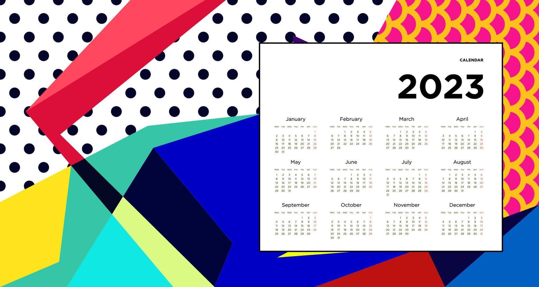 New year 2023 calendar design template with geometric colorful abstract. Vector calendar design.