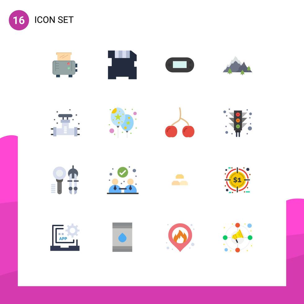 Pack of 16 Modern Flat Colors Signs and Symbols for Web Print Media such as plumbing mechanical playstation tree hill Editable Pack of Creative Vector Design Elements