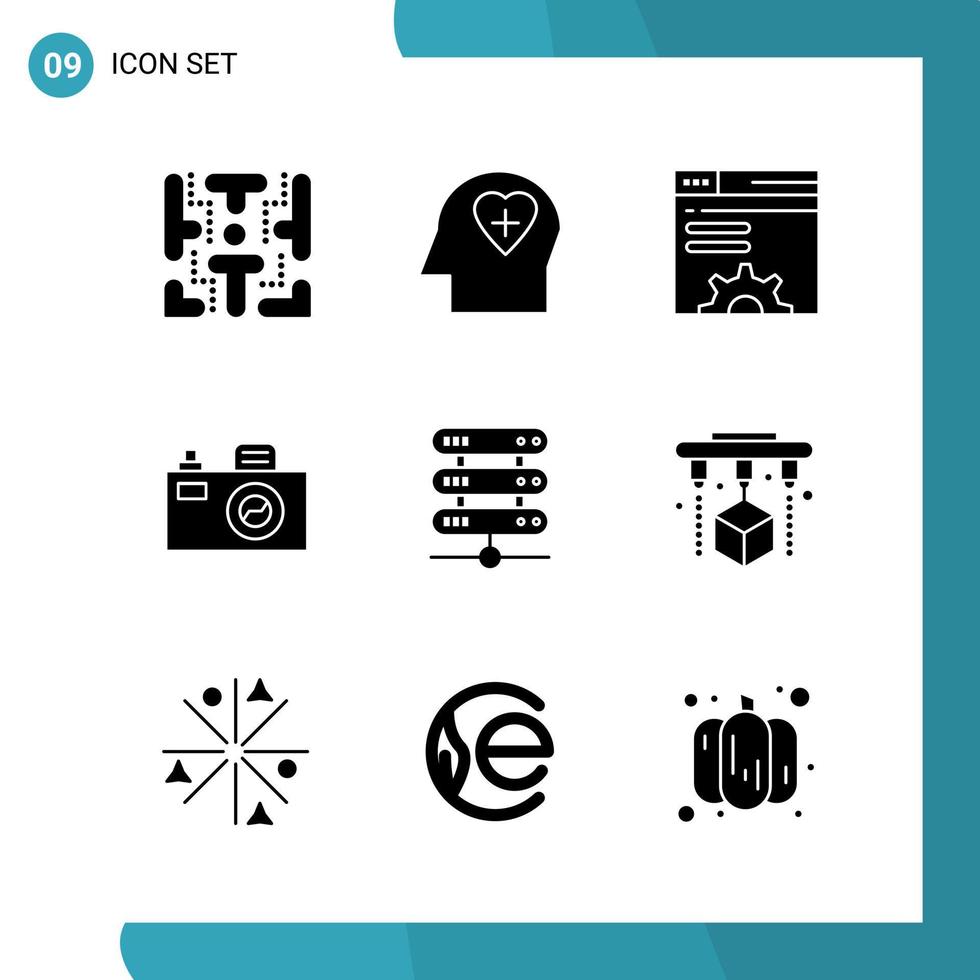 Vector Pack of 9 Glyph Symbols Solid Style Icon Set on White Background for Web and Mobile