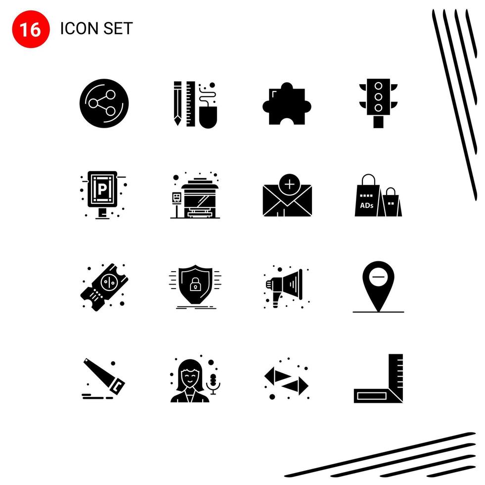 Editable Vector Line Pack of 16 Simple Solid Glyphs of board parking add on car traffic Editable Vector Design Elements