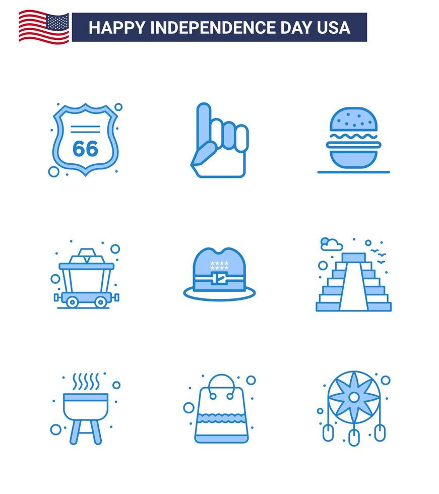 4th July USA Happy Independence Day Icon Symbols Group of 9 Modern Blues of american hat burger rail cart Editable USA Day Vector Design Elements