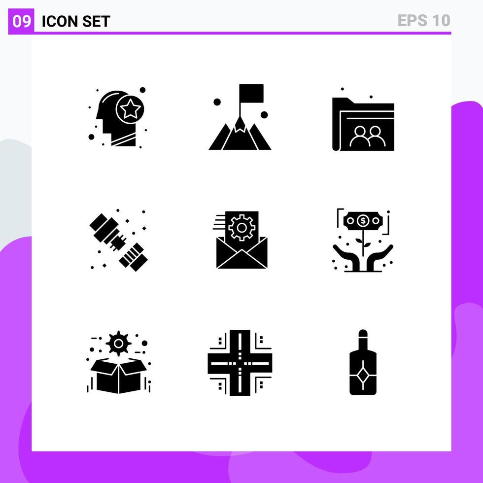 Universal Icon Symbols Group of 9 Modern Solid Glyphs of data plumber user mechanical folder Editable Vector Design Elements