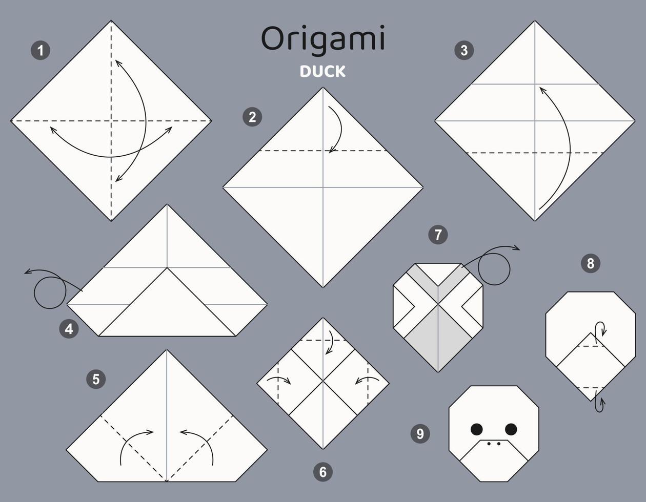 Tutorial Duck origami scheme. isolated origami elements on grey backdrop. Origami for kids. Step by step how to make origami duck. Vector illustration.