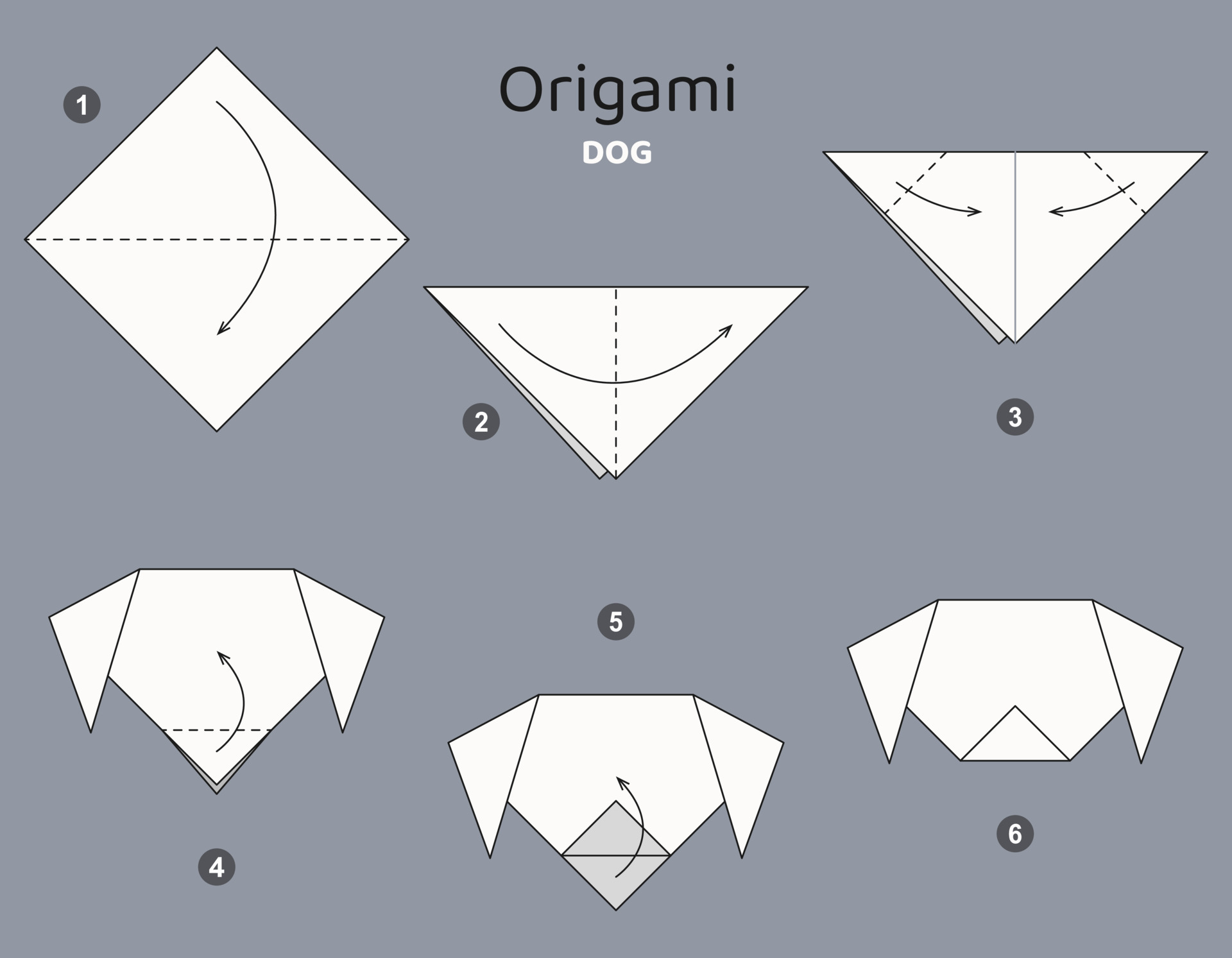 Tutorial Dog origami scheme. isolated origami elements on grey backdrop. Origami for kids. Step