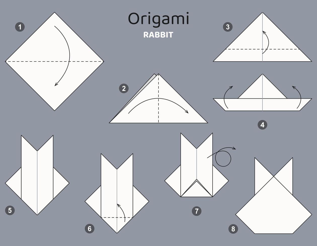 Tutorial Rabbit origami scheme. isolated origami elements on grey backdrop. Origami for kids. Step by step how to make origami rabbit. Vector illustration.