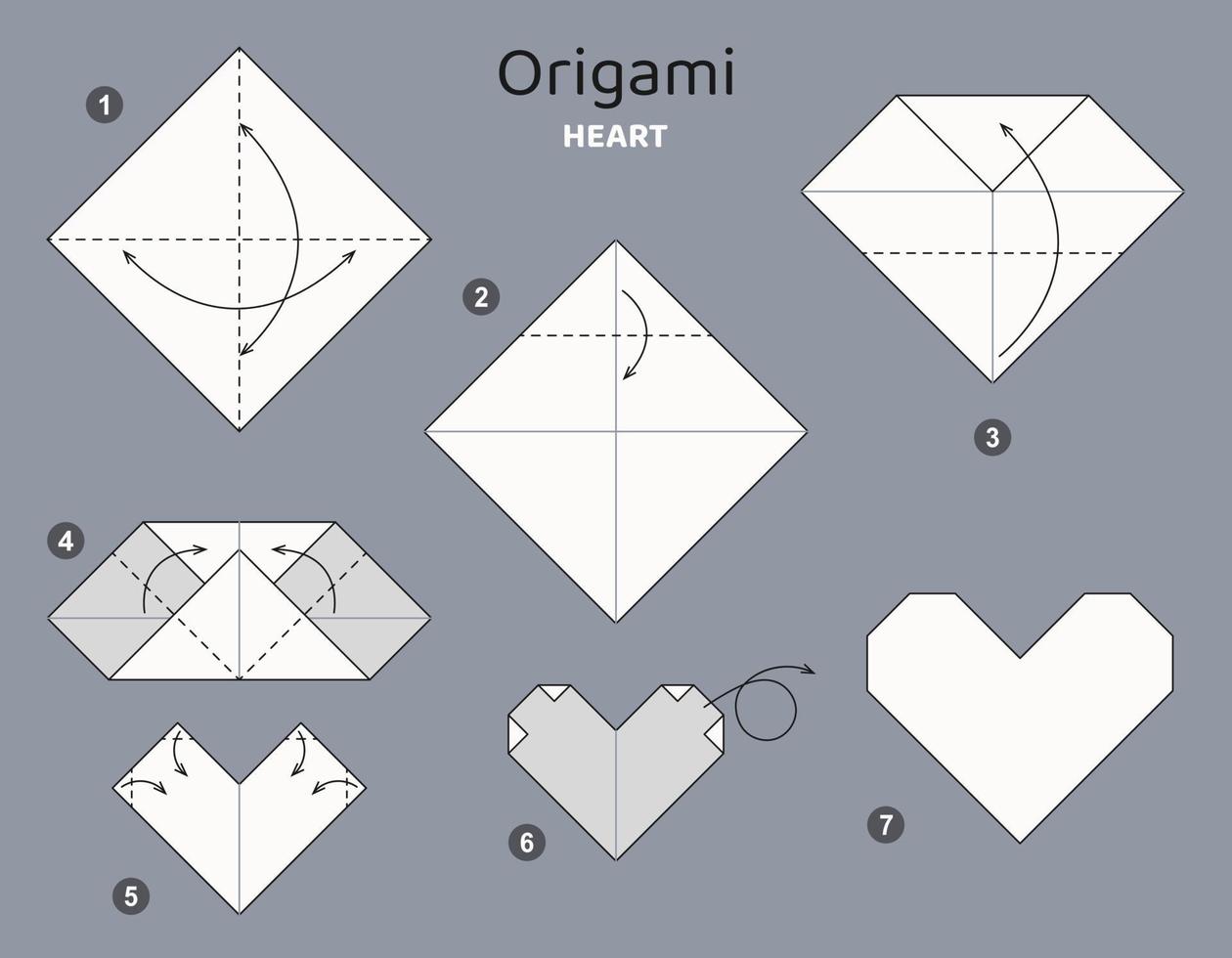 Tutorial Heart origami scheme. isolated origami elements on grey backdrop. Origami for kids. Step by step how to make origami heart. Vector illustration.